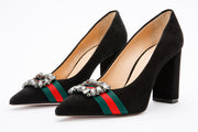 The Afega Black Suede Leather Block Heel Pump