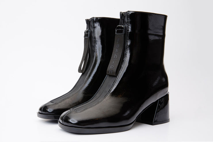 The Tackle Black Patent Leather Block Heel Boot