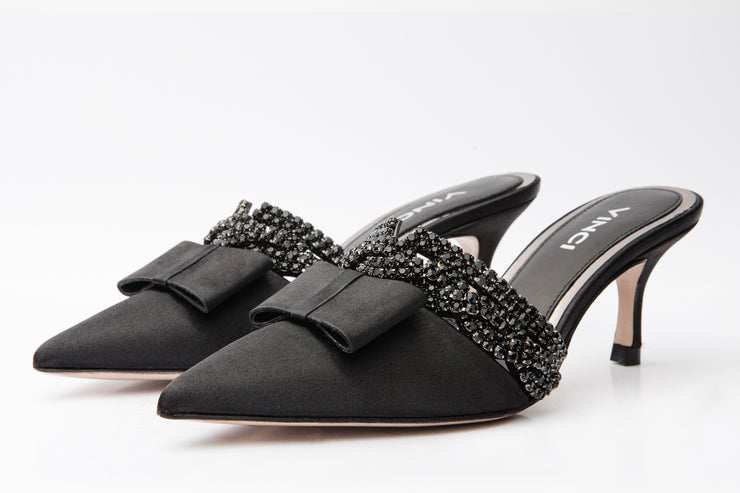 The Volga Black Leather Kitten Heel Pointy Toe Sandal