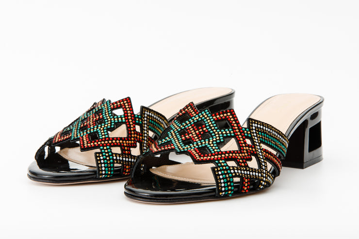 The Palma Black Glitter Leather Block Heel Sandal