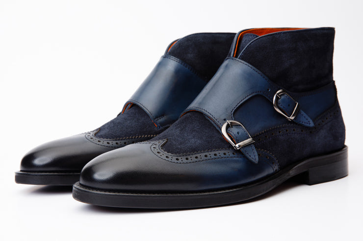 The Albus Navy Blue Leather & Suede Double Strap Monk Brogue Boot