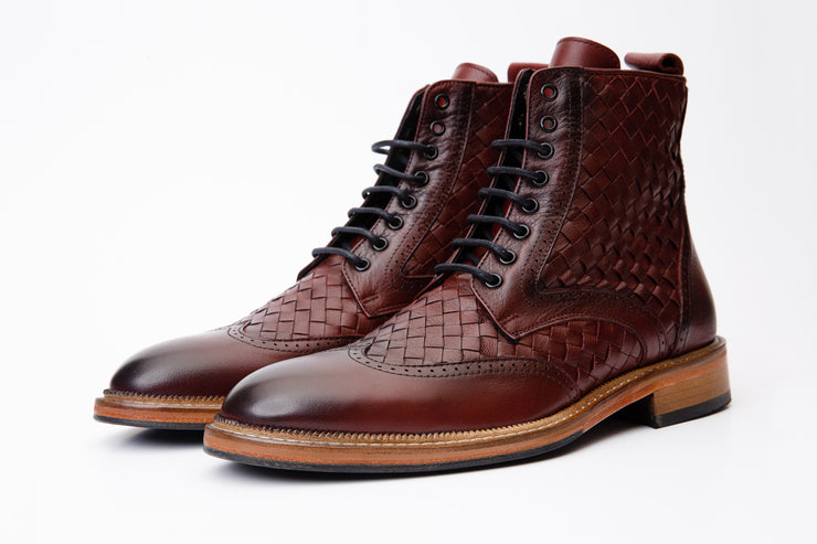 The Loddon Burgundy Leather Wingtip Brogue Handwoven Lace-Up Boot with a Zipper