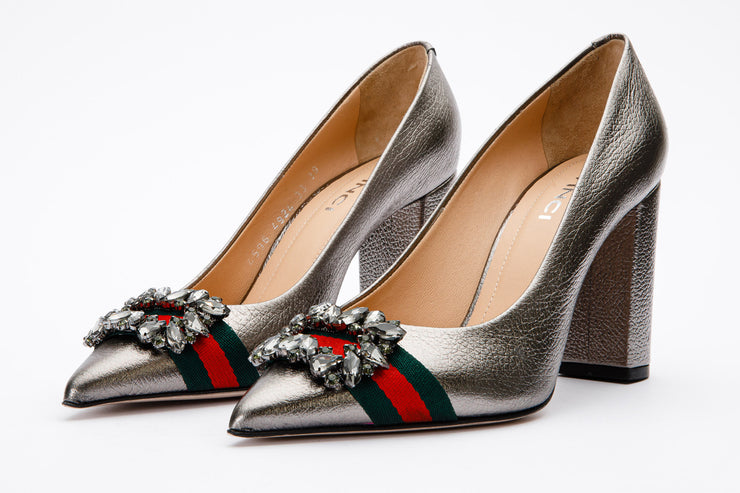 The Afega Silver Leather Block Heel Pump