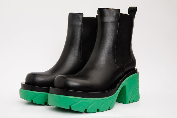 The Olga Black & Green Leather Mid Calf Boot
