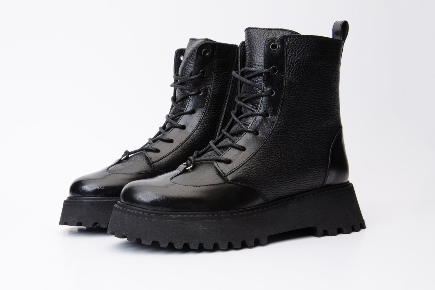 The Yildiz Black Leather Lace-Up Ankle Women  Boot With a Side Zipper