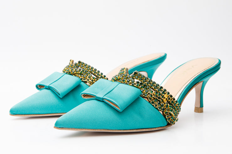 The Volga Green Leather Kitten Heel Pointy Toe Sandal