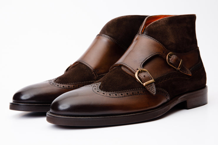 The Albus Brown Leather & Suede Double Strap Monk Brogue Boot