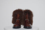 The Izmir Brown Patent Leather Natural Fur Mid Calf Boot