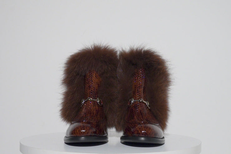 The Izmir Brown Patent Leather Natural Fur Mid Calf Boot