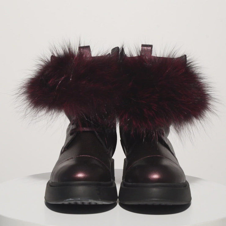 The Kajapati Burgundy Leather Natural Fur Mid Calf Boot