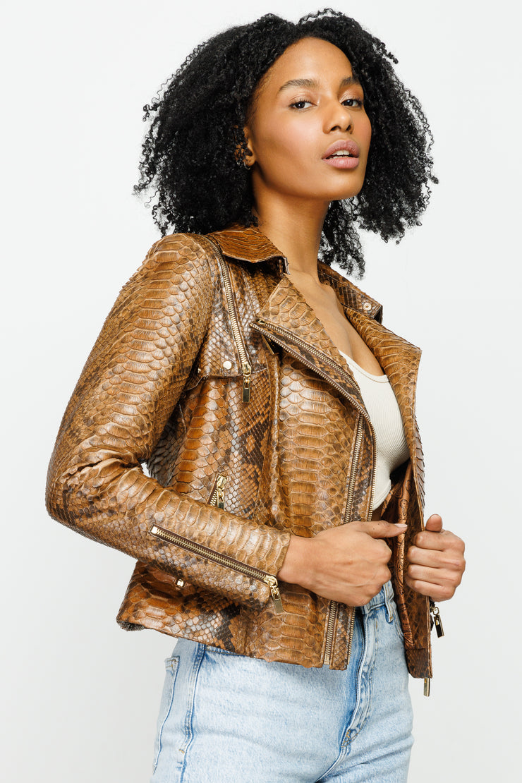 QUEEN PYTHN SKIN LEATHER WOMEN JACKET TAN (15808-P)