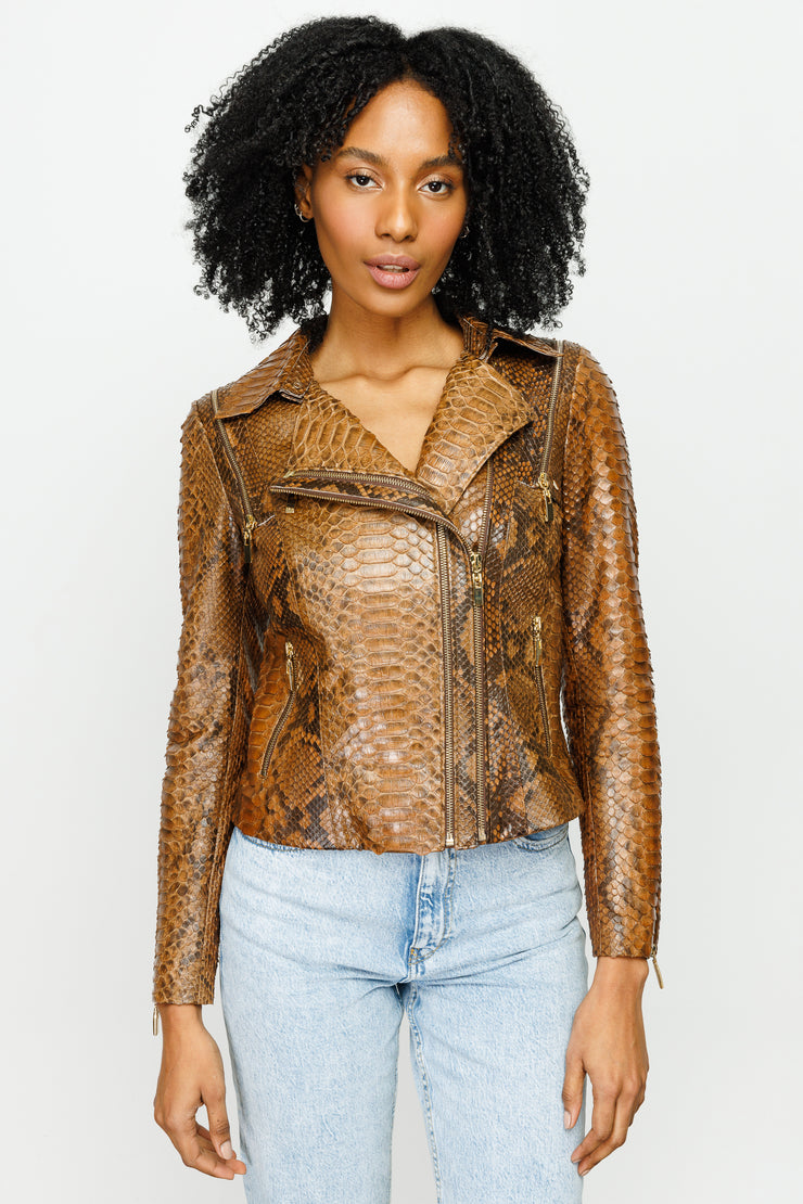 QUEEN PYTHN SKIN LEATHER WOMEN JACKET TAN (15808-P)