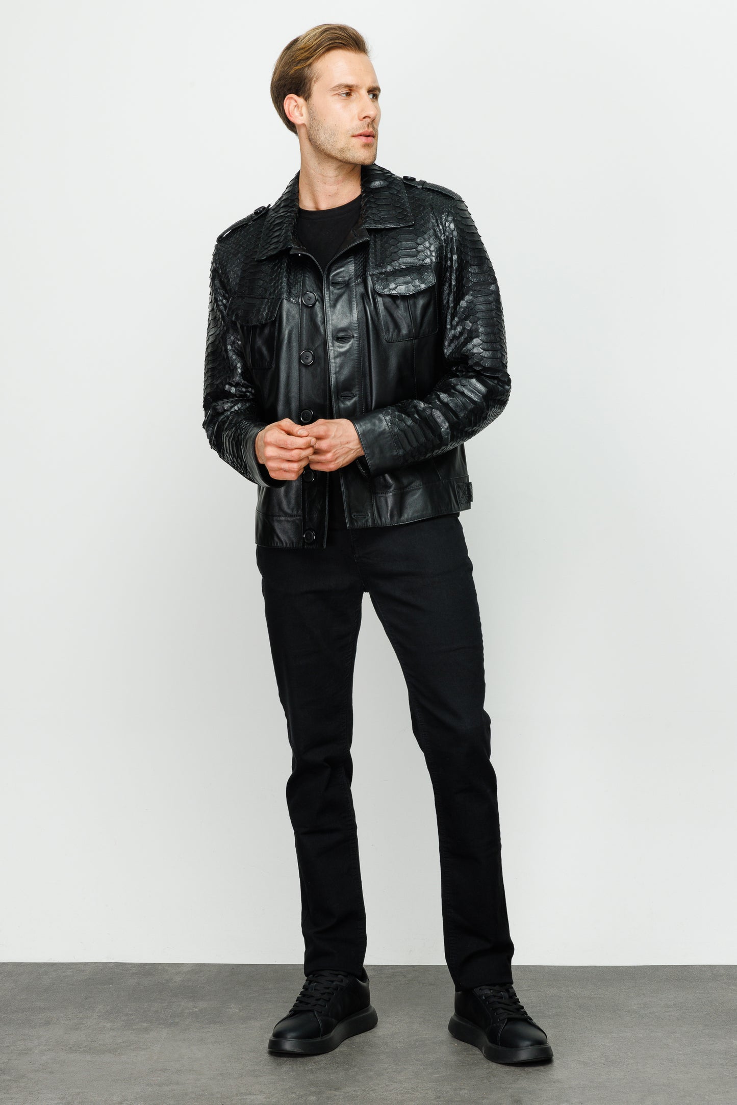 The Manteca Pythn Skin Leather Black Men  Jacket