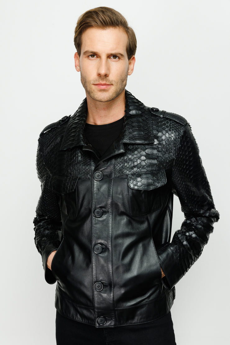 MANTECA PYTHN SKIN LEATHER MEN BLACK JACKET 20204-A