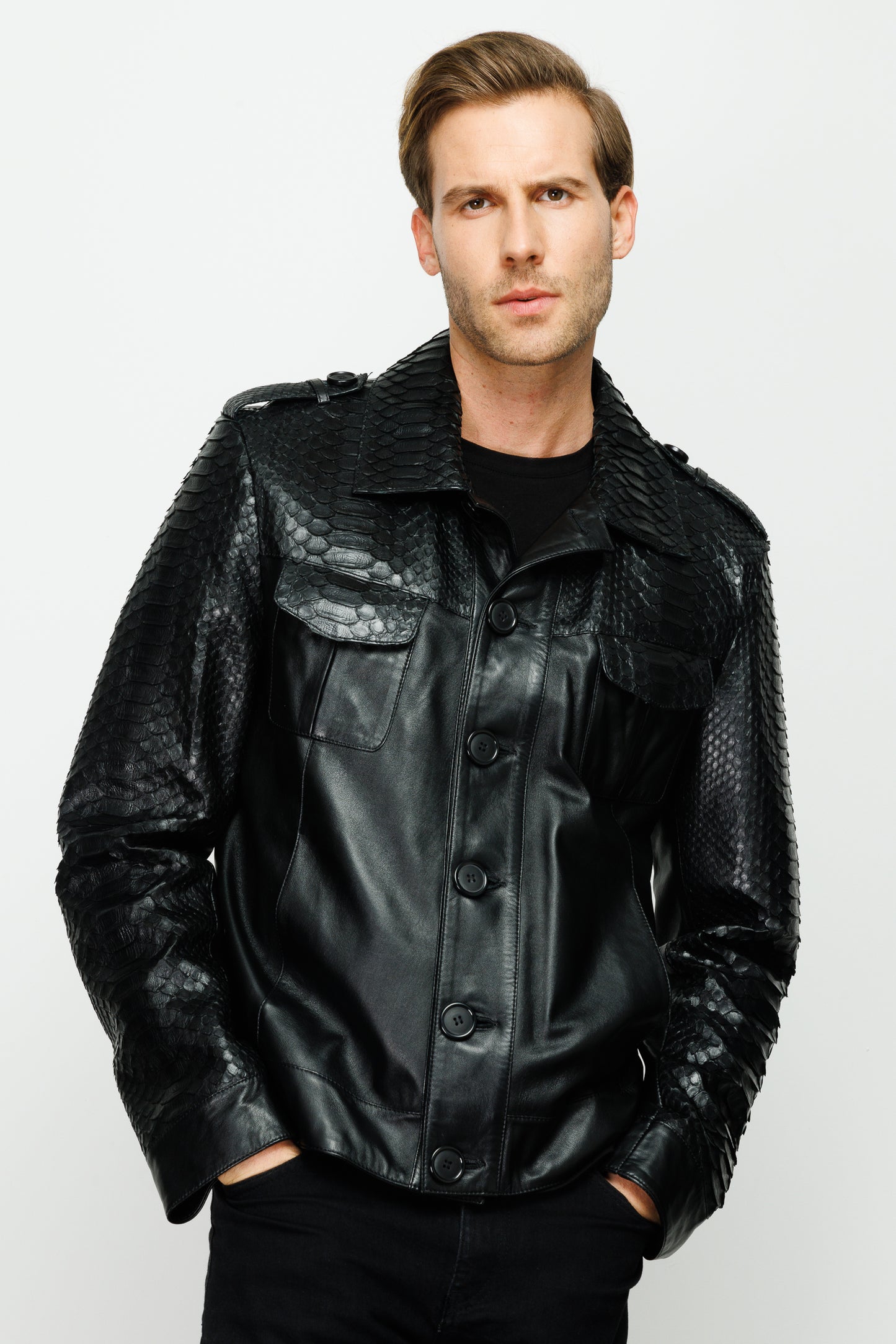 The Manteca Pythn Skin Leather Black Men  Jacket