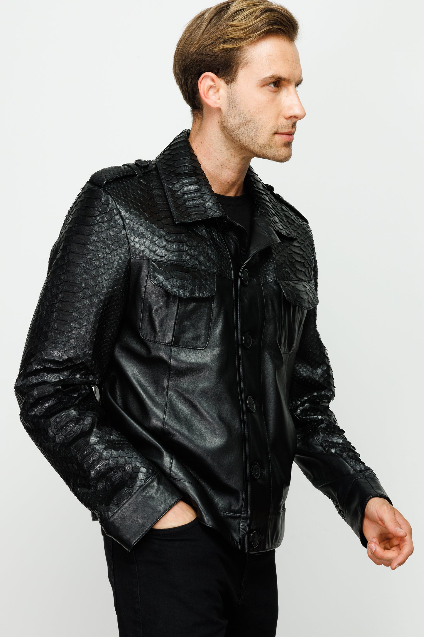 The Manteca Pythn Skin Leather Black Men  Jacket