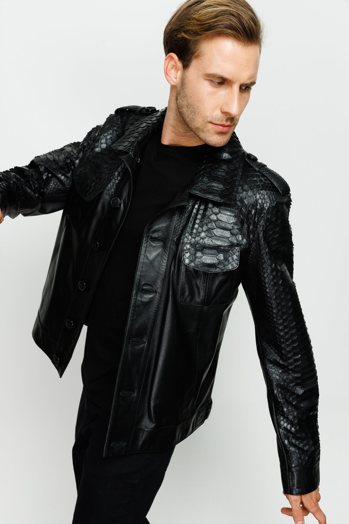 The Manteca Pythn Skin Leather Black Men  Jacket