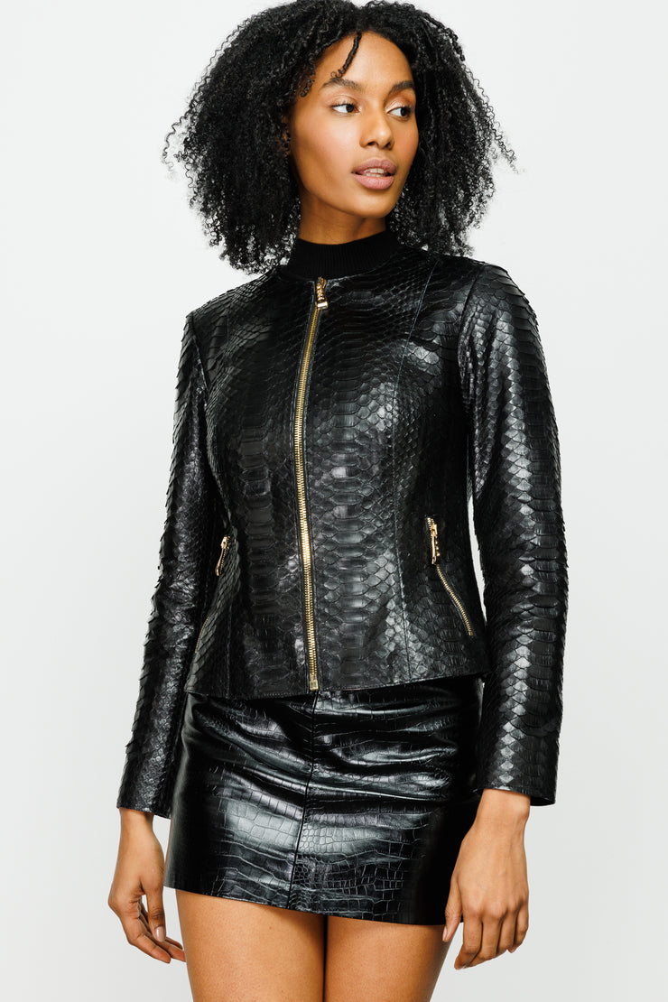 The Mekke Pythn Skin Leather Jacket Black