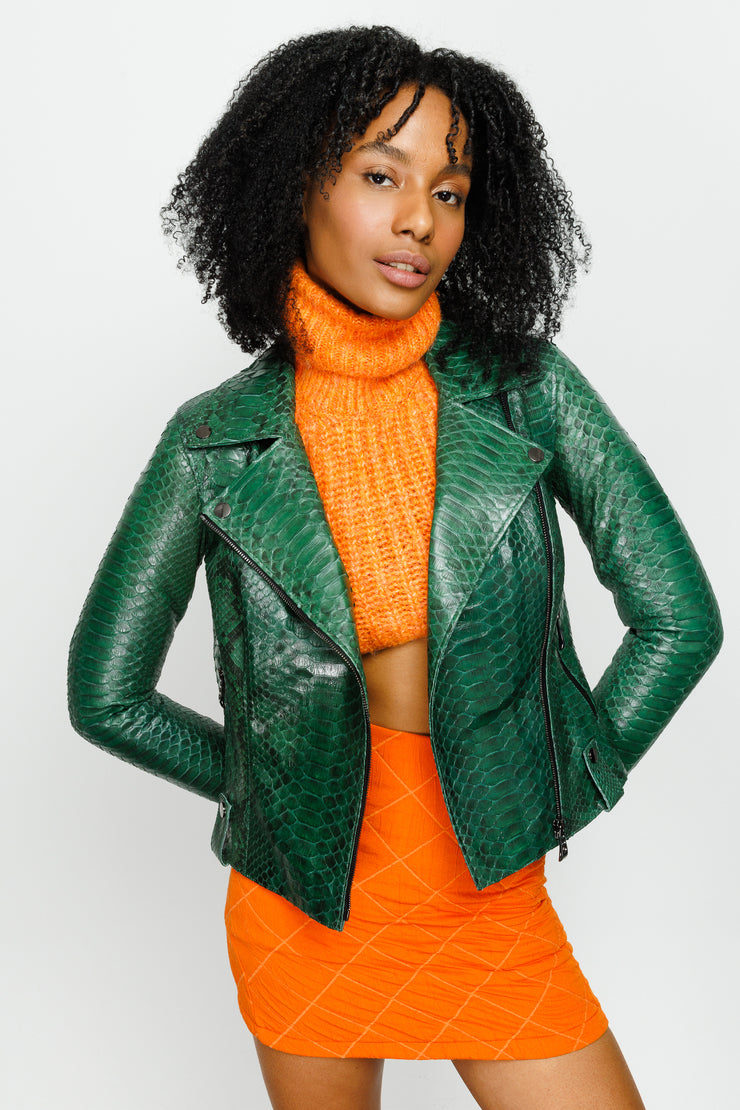 PYTHN SKIN LEATHER WOMEN JACKET GREEN (15355-P-55)
