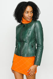 PYTHN SKIN LEATHER WOMEN JACKET GREEN (15355-P-55)