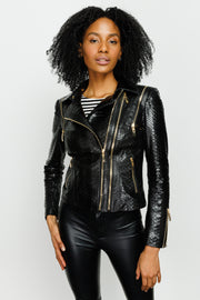 QUEEN PYTHN SKIN LEATHER WOMEN JACKET BLACK (15808-P)