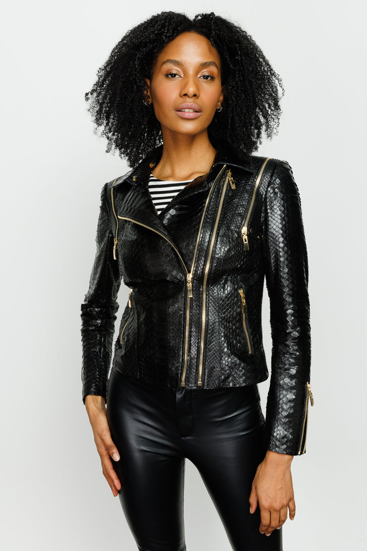 QUEEN PYTHN SKIN LEATHER WOMEN JACKET BLACK (15808-P)
