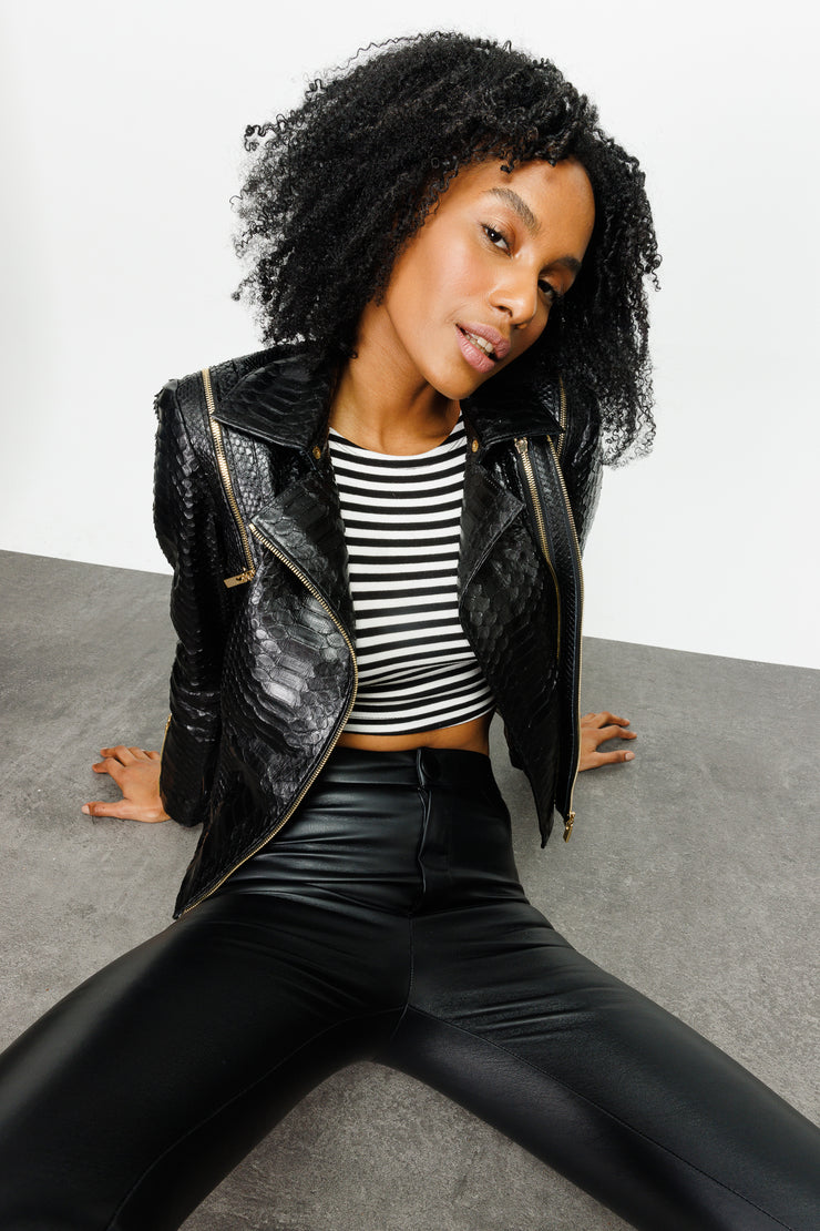 QUEEN PYTHN SKIN LEATHER WOMEN JACKET BLACK (15808-P)