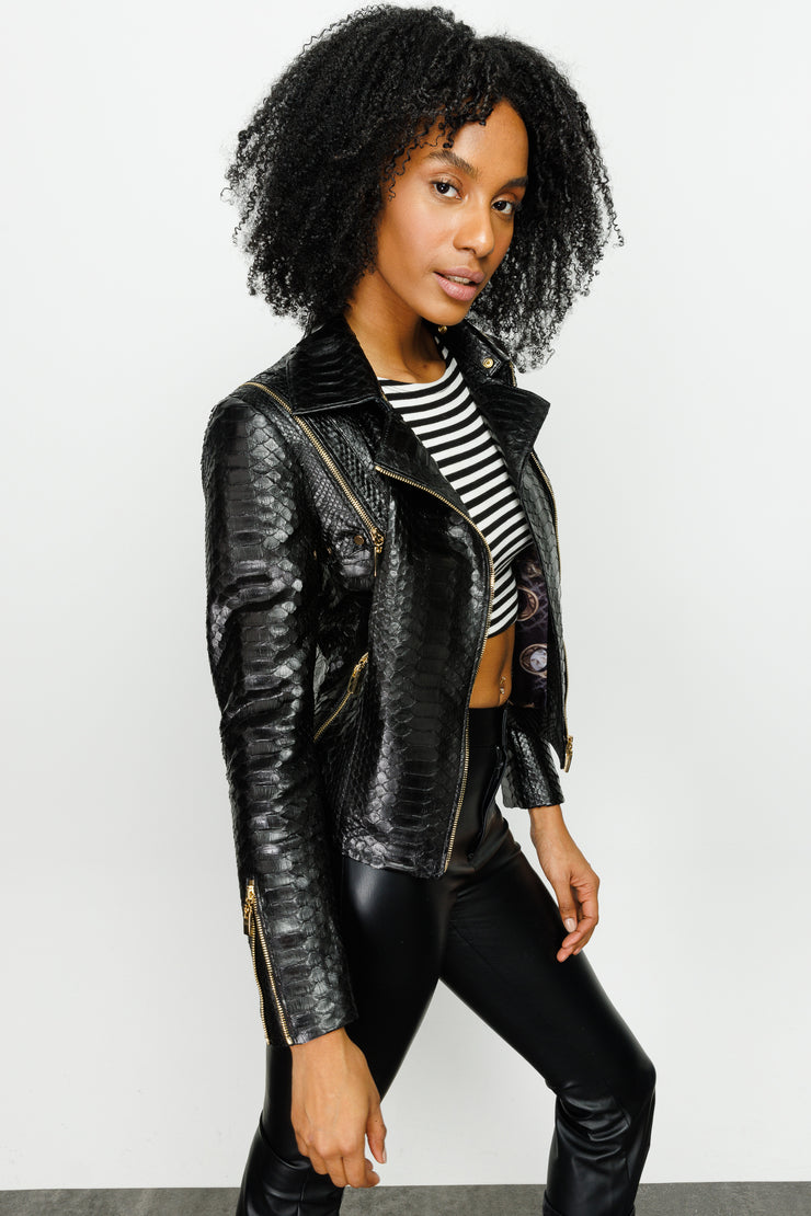 QUEEN PYTHN SKIN LEATHER WOMEN JACKET BLACK (15808-P)
