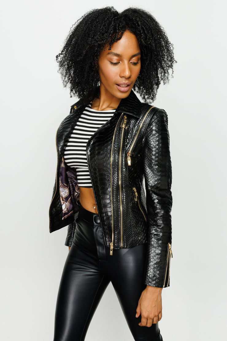 QUEEN PYTHN SKIN LEATHER WOMEN JACKET BLACK (15808-P)