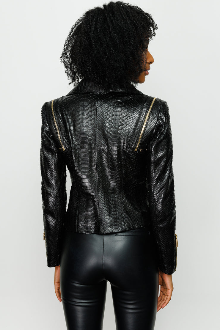 QUEEN PYTHN SKIN LEATHER WOMEN JACKET BLACK (15808-P)