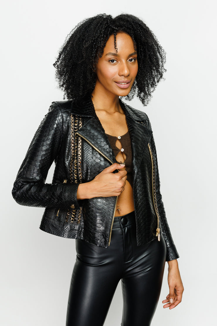 The Nayro Pythn Black Leather Jacket