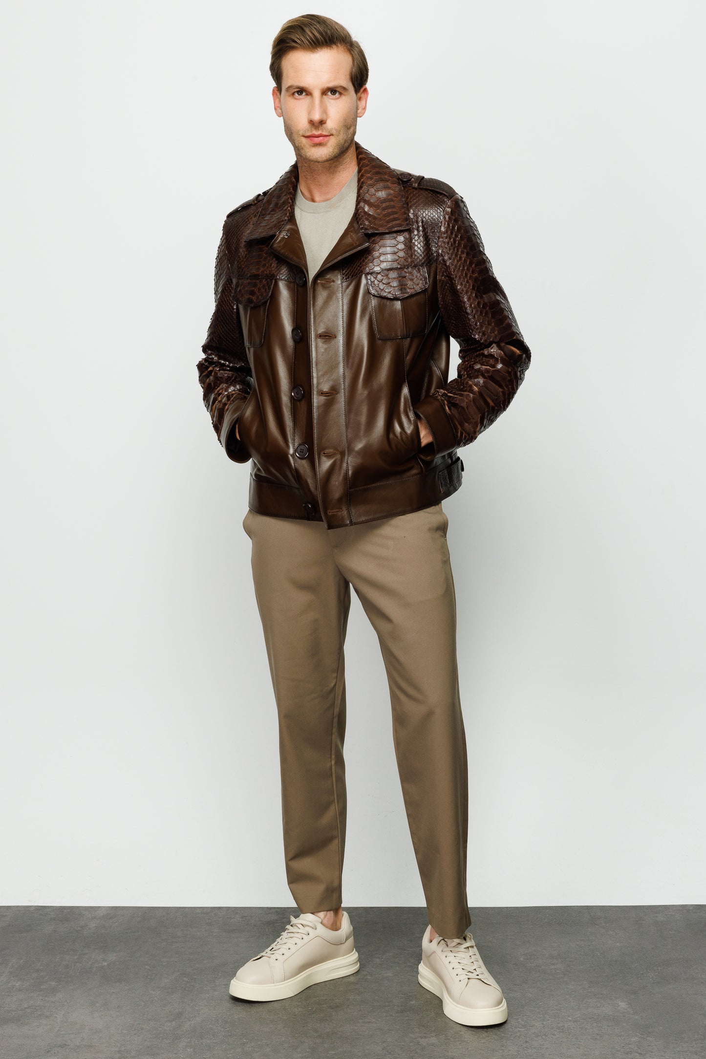 The Manteca Pythn Skin Brown Leather Men Jacket