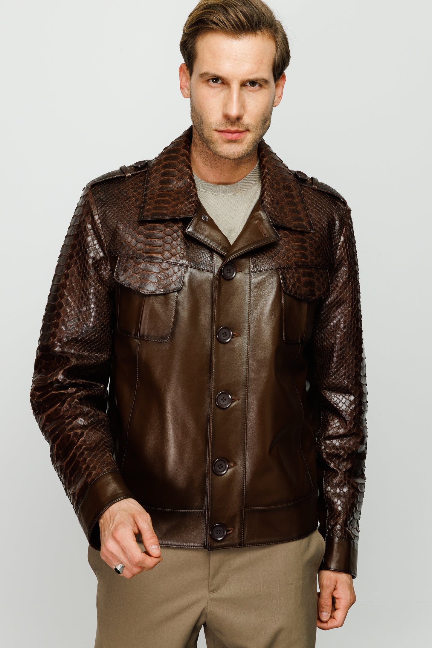 The Manteca Pythn Skin Brown Leather Men Jacket