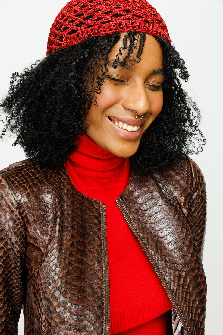 MEKKE PYTHN SKIN LEATHER WOMEN JACKET BROWN