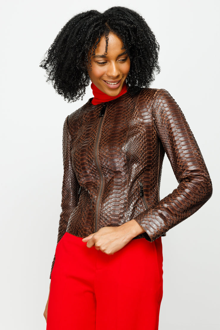 MEKKE PYTHN SKIN LEATHER WOMEN JACKET BROWN