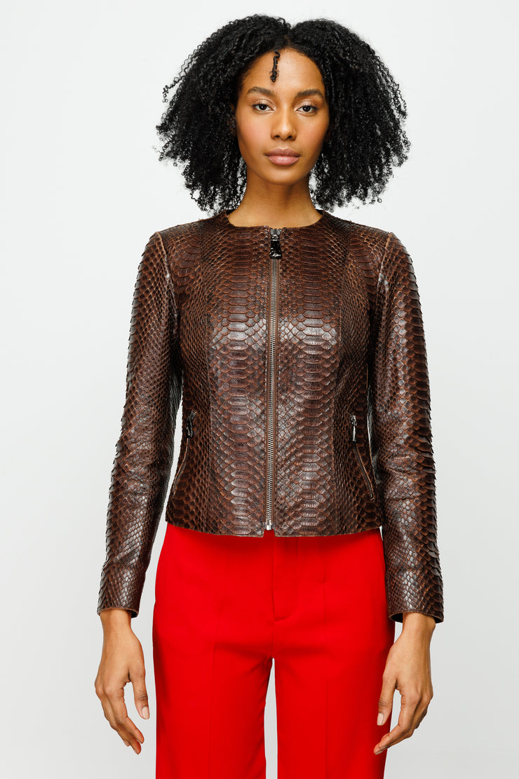 MEKKE PYTHN SKIN LEATHER WOMEN JACKET BROWN