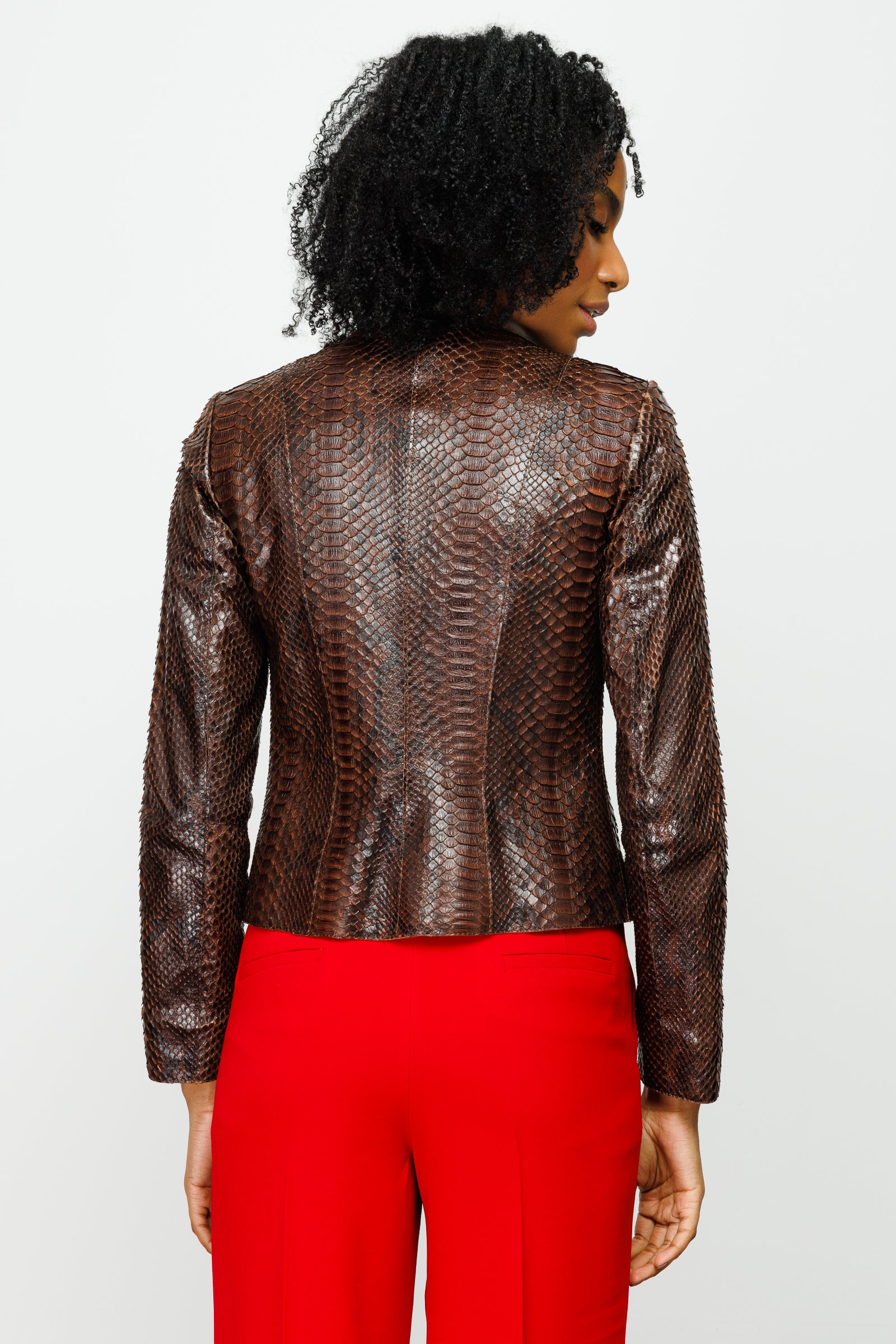 The Mekke Pythn Skin Brown Leather Women Jacket – Vinci Leather Shoes