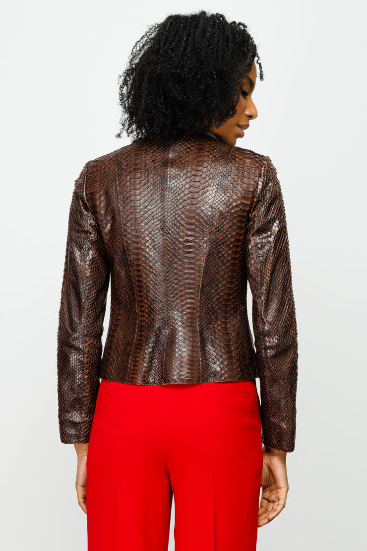 MEKKE PYTHN SKIN LEATHER WOMEN JACKET BROWN