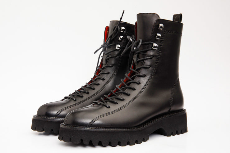 The Moreno Black Leather Lace-Up Mid Calf Boot