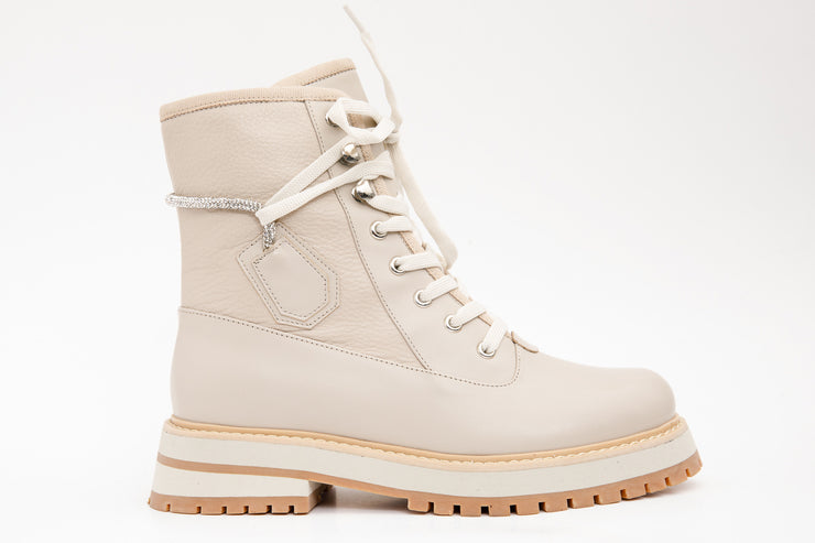 The Arata Cream Leather Lace-Up Ankle Boot With a Side Zipper
