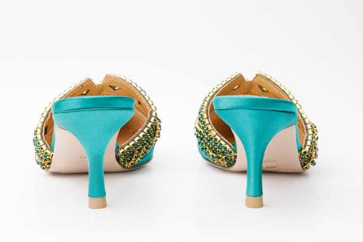 The Volga Green Leather Kitten Heel Pointy Toe Sandal