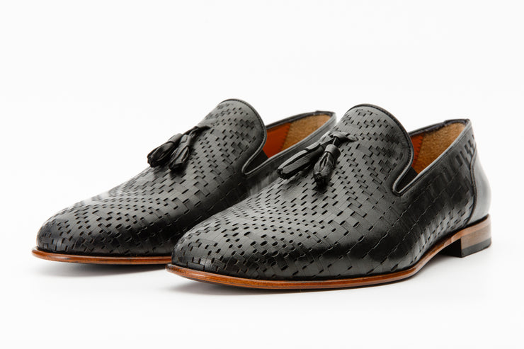 The Meram Black Leather Tassel Slip-On Loafer Shoe