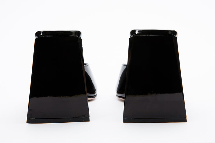 The Butterfly Block Heel Black Patent Leather Sandal