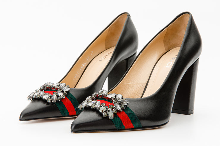 The Afega Black Leather Block Heel Pump