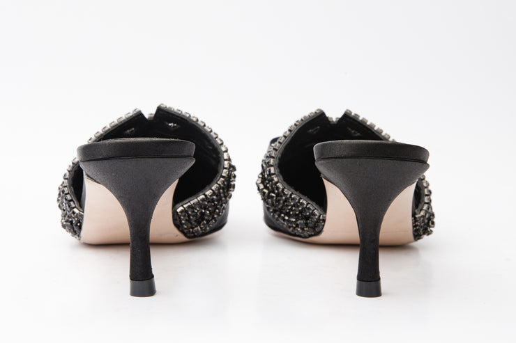 The Volga Black Leather Kitten Heel Pointy Toe Sandal