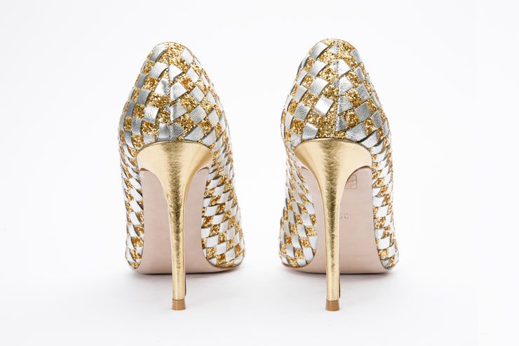 The Saks Tory Gold & Silver Handwoven Leather Pump