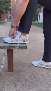 The Mackenzie White & Gold Woven Leather Sneaker