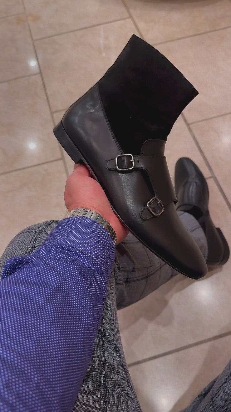Preston Black Leather & Suede Double Monk Strap Ankle Boot