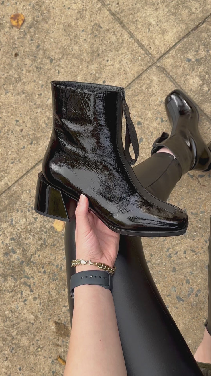 The Tackle Black Patent Leather Block Heel Boot