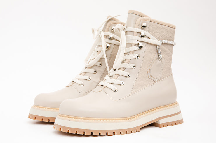 The Arata Cream Leather Lace-Up Ankle Boot With a Side Zipper